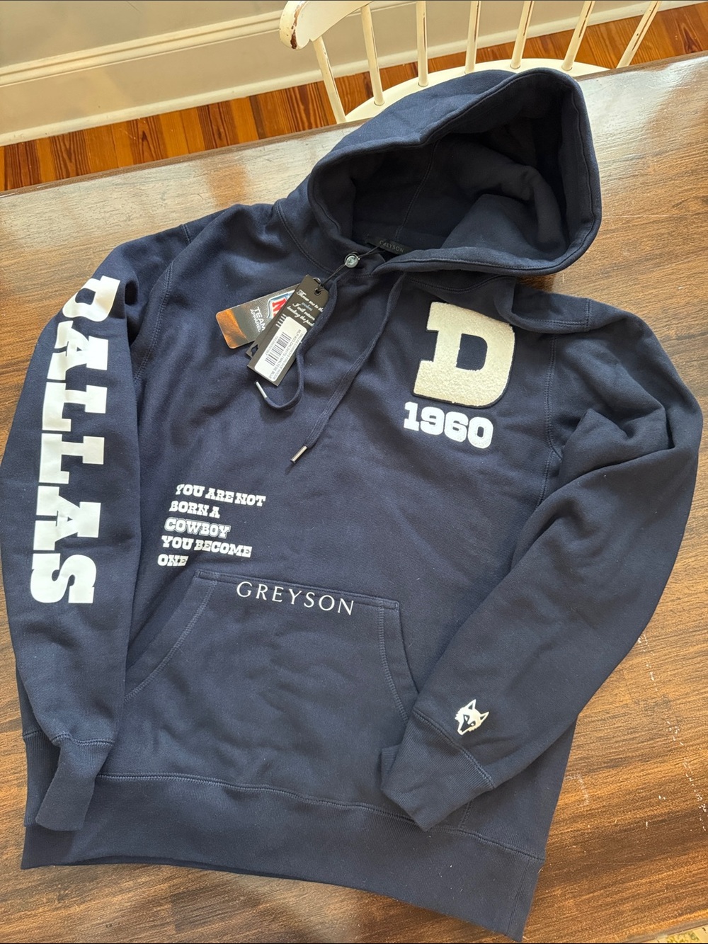 Greyson Navy Pullover Hoodie with 'Dallas' Sleeve Print